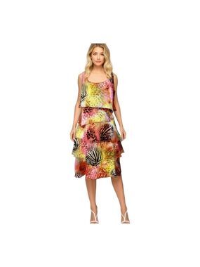 NWT Party tiered Silky dress in pink, yellow leopard print